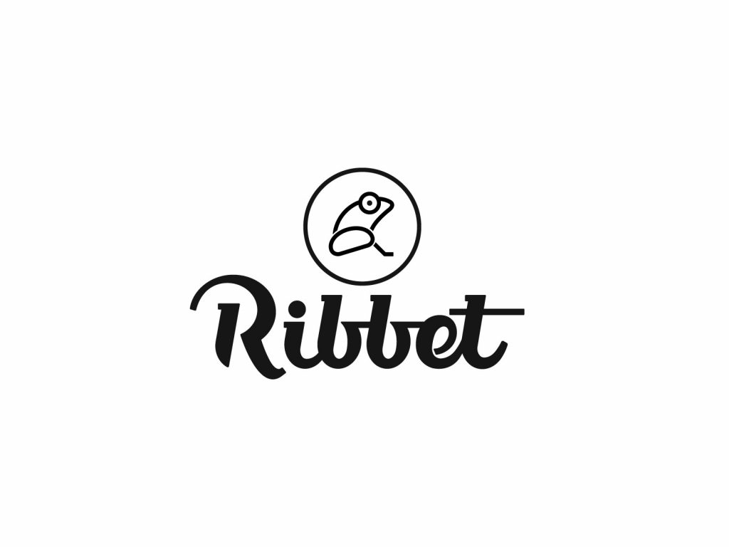 Ribbet logo design frog above-font