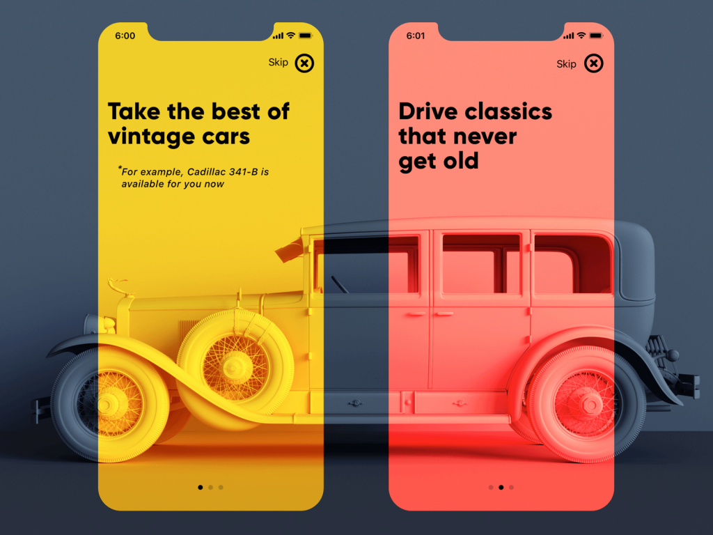 vintage car app onboarding tubik