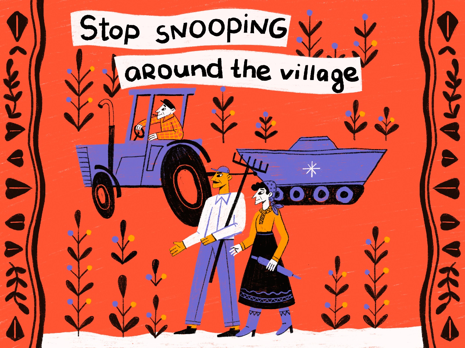 stop snooping farmers illustration tubikarts