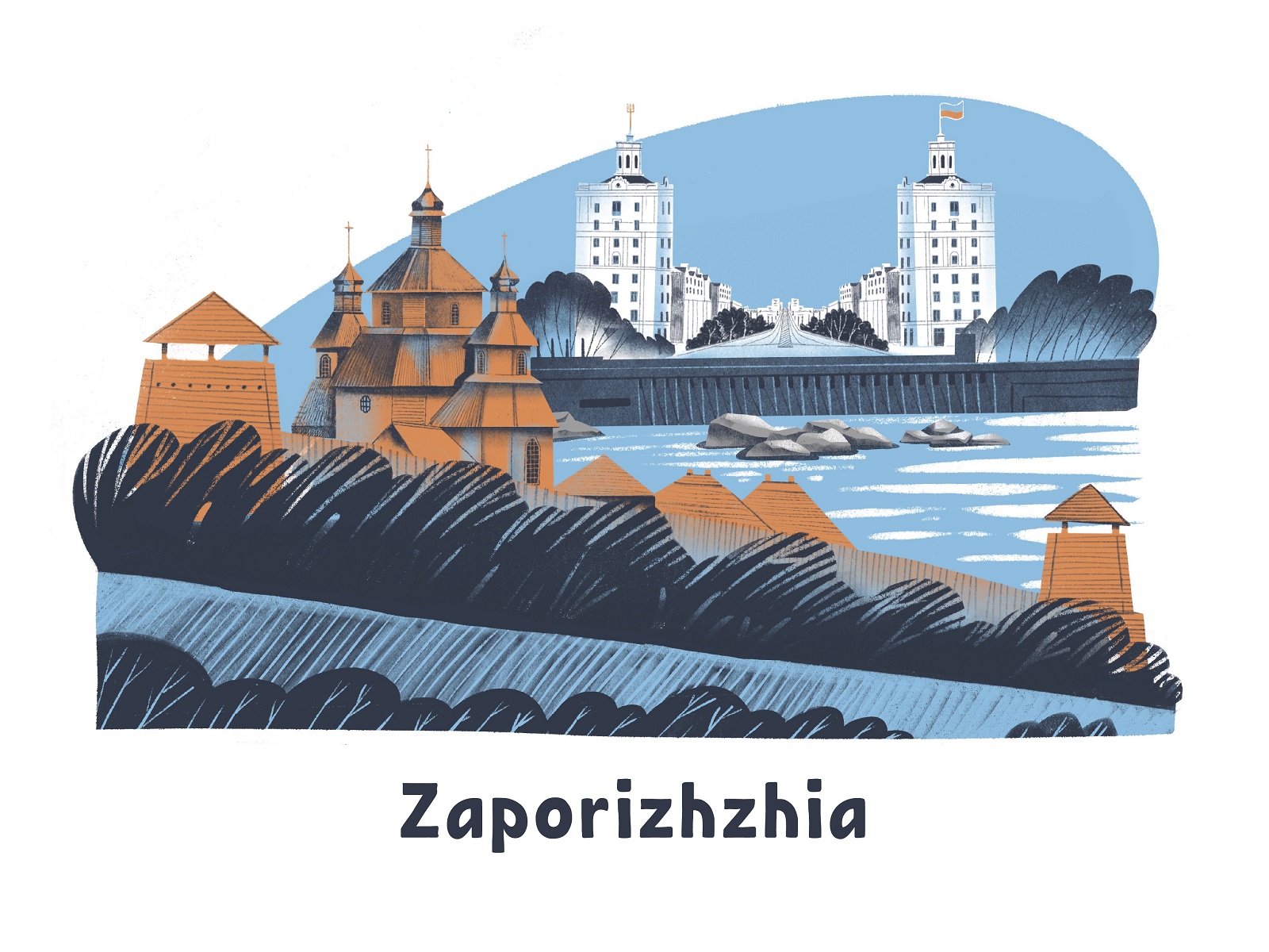 Zaporizhzhia cities of Ukraine tubikarts illustrations