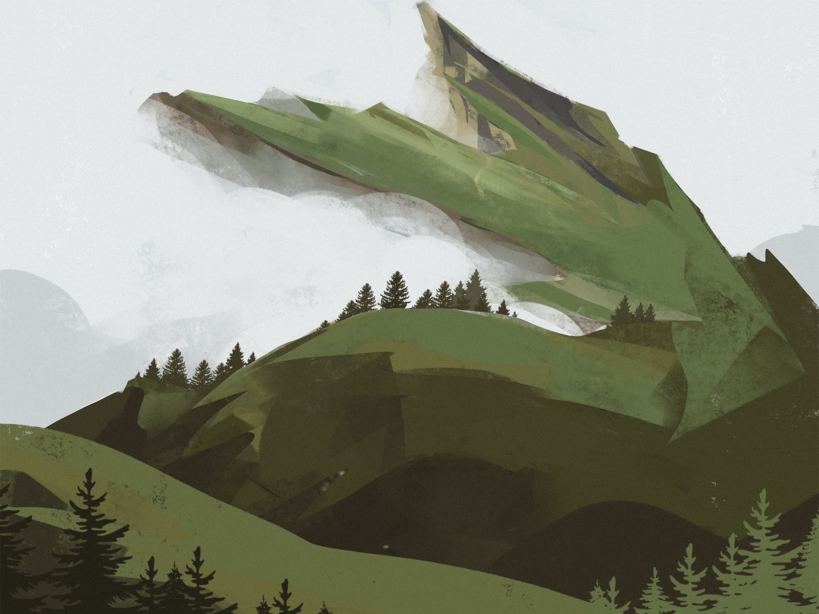 landscape art foggy mountains tubikarts illustration