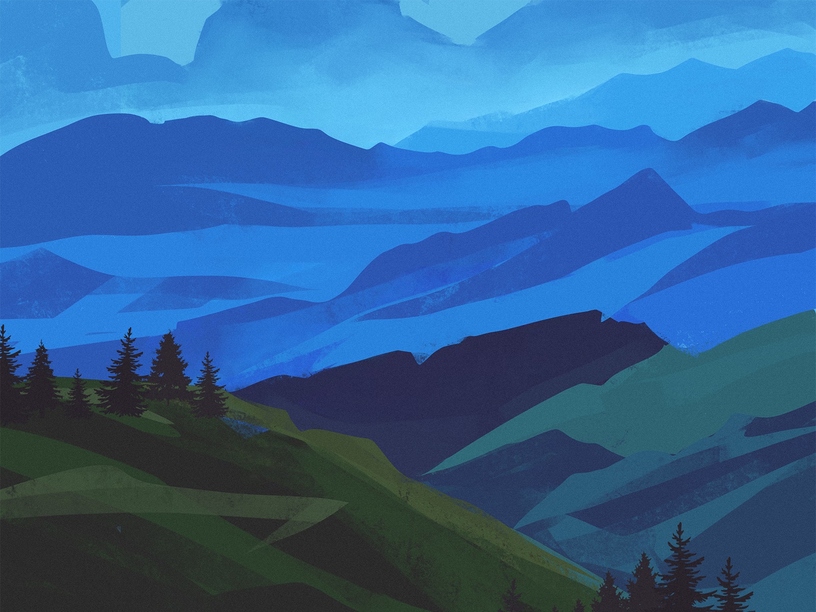 landscape art mountain night tubikarts illustration
