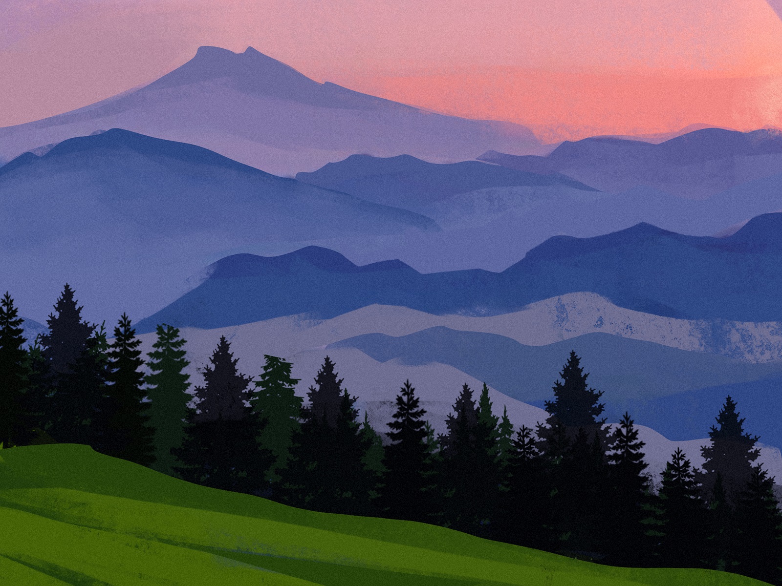 landscape art sunset forest tubikarts illustration
